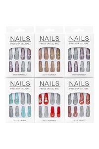 Set 12 perechi unghii false Press-On cu glitter si cristale decorative