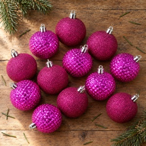 Set 16 globulețe de Crăciun roz fucsia, 2 modele, plastic, cutie 33x17 cm - Img 5
