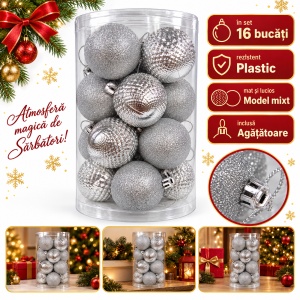 Set 16 globuri de Crăciun argintii, plastic rezistent, model mixt mat și lucios, 6 cm