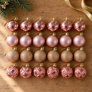 Set 24 globulețe de Crăciun rose-gold, plastic, 4 modele, agățătoare aurie - Img 4