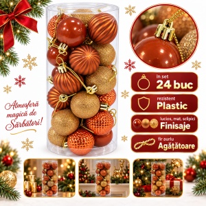 Set 24 globuri de Crăciun din plastic, portocaliu și auriu, modele diverse, tub 20,5×7,5 cm