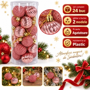 Set 24 globuri de Crăciun roz deschis, glitter și lucios, plastic, tub 30x12 cm