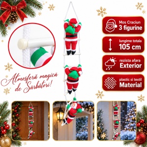 Set 3 buc Moș Crăciun pe scară, 105 cm, plastic și textil, interior/exterior