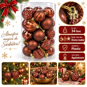 Set 34 globuri de Crăciun arămii, plastic, modele diverse, agățătoare aurie, cutie 43×23 cm