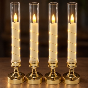 Set 4 lumânări LED decorative cu efect de flacără, suport auriu, 29 x 6,5 cm - Img 4