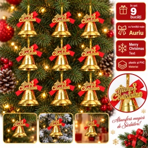 Set 9 buc Clopoței aurii de brad, fundiță roșie, plastic și PVC, 3,5 cm, aprox. 5,5×5,5 cm