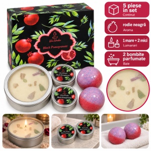 Set cadou spa Wax Wonder, aroma rodie neagră, 3 lumânări și 2 bombe de baie, 27 x 18 cm