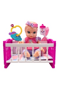 Set complet păpușă bebeluș Bear Bubbles cu pătuț, accesorii incluse, plastic/textil, 14 inch