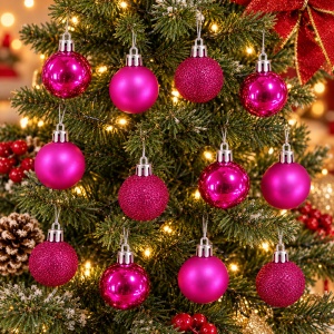 Set de 12 globulete de brad, fucsia , din plastic, modele diverse in set, 3 cm - Img 2
