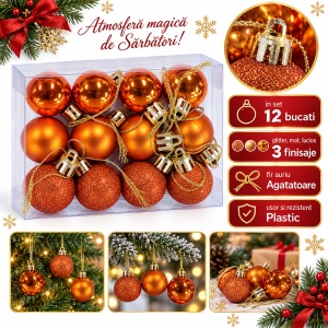 Set de 12 globulete de brad portocalii, din plastic, diverse modele, 3 cm