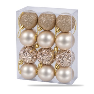 Set de 12 Globuri de Crăciun Champagne, 6 cm, Plastic, model Mat, Lucios și cu Sclipici - Img 3