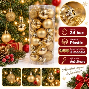 Set de 24 globuri de brad, auriu, din plastic, modele diverse, 20 × 7,5 cm