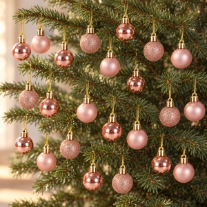 Set de 24 globuri de brad, rose-gold, din plastic, modele diverse, 20 × 7,5 cm - Img 5