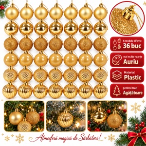 Set de 36 globulete de brad aurii, din plastic, modele diverse in set , 30 x 15 cm - Img 5