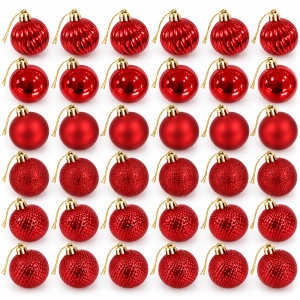Set de 36 globulețe de brad roșii, modele diverse, din plastic, cu agățătoare aurie, 29 × 15 cm - Img 5