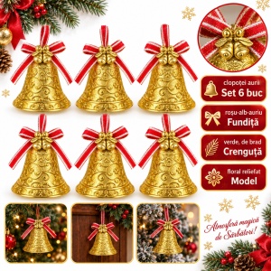 Set de 6 clopoței decorativi aurii de Crăciun, model floral reliefat, 32×19 cm - Img 4