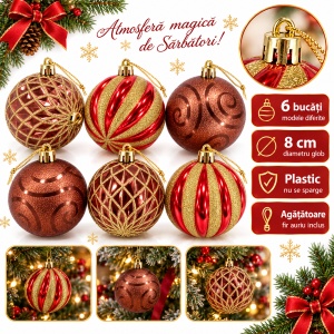 Set de 6 globuri de brad, din plastic, modele diverse, arămiu și roșu-auriu, 7 cm - Img 2