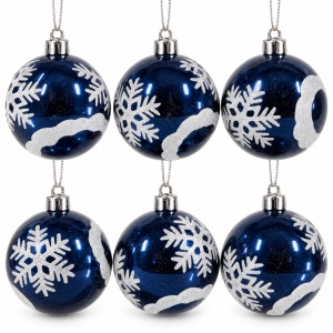 Set de 6 globuri de Crăciun, albastru închis, model cu fulgi albi cu sclipici, diametru 6 cm - Img 6