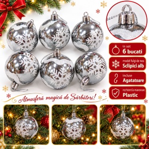 Set de 6 globuri de Crăciun argintii, din plastic, model cu fulgi albi cu sclipici, 21×15 cm