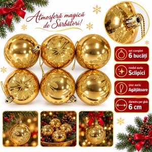 Set de 6 globuri de Crăciun aurii din plastic, model cu sclipici, 7 cm - Img 2