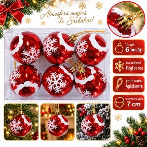 Set de 6 globuri de Crăciun roșii, model cu fulgi albi cu sclipici, din plastic, 7 cm - Img 2