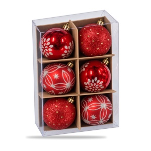 Set de 6 globuri de Crăciun roșii, modele combinate cu sclipici, din plastic, 7 cm - Img 3