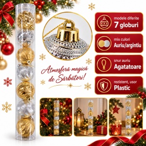 Set de 7 globuri de Crăciun, din plastic, auriu și argintiu, modele diverse, 6 cm - Img 2