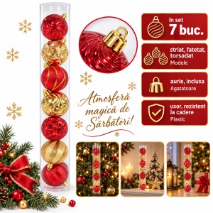 Set de 7 globuri de Crăciun, din plastic, roșu-auriu, modele diverse, 7cm - Img 2