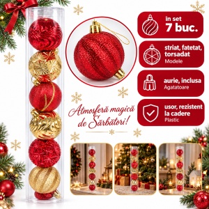 Set de 7 globuri de Crăciun, din plastic, roșu-auriu, modele diverse, 7cm