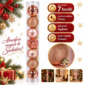 Set de 7 globuri de Crăciun, rose-gold, din plastic, diverse modele in set, 6cm