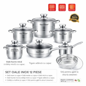 Set oale inox HausRoland 12 piese cu capace din sticlă și accesoriu pentru gătit la abur