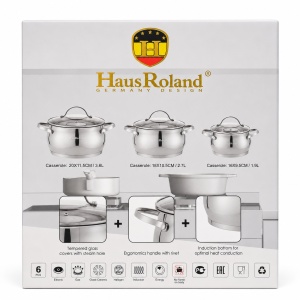Set oale inox HausRoland 6 piese cu capace sticla, inductie, 1.9L–3.6L - Img 3