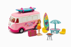 Set rulota van de vacanta cu papusa si accesorii plaja, surf, roz 20x22 cm