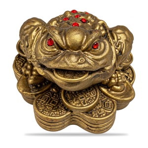 Statuetă broască feng shui cu bănuți, ceramică aurie, 6,5x5,5 cm - Img 2