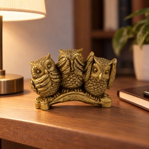 Statueta decorativa 3 bufnite aurii, nu vad nu aud nu vorbesc, ceramica, 8,5 cm - Img 3