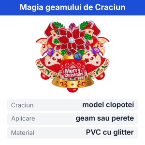 Sticker decorativ de Craciun cu clopotei, pentru geam sau perete, PVC cu glitter, 44x40 - Img 2