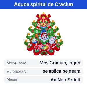Sticker decorativ de Craciun, model brad cu Mos Craciun, mesaj An Nou Fericit, pentru geam, 70x50cm - Img 2