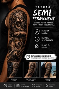 Tatuaj Semipermanent Leu și Lup – 45 cm - Design Realist Black & Grey - Img 2