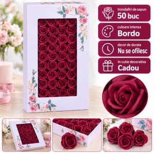 Trandafiri de săpun decorativi, set 50 de bucăți, bordo, 5 cm