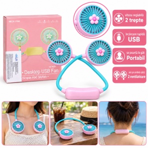 Ventilator pentru gât portabil, 2 trepte de viteză, USB, roz și turcoaz