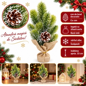 Brad decorativ artificial de Craciun cu con, bază din iută, 38 cm