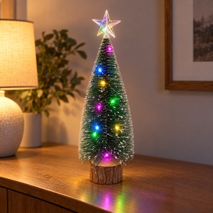 Brad decorativ cu leduri multicolore, bază din lemn, 24 cm - Img 4