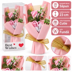 Buchet decorativ cu trandafiri roz, fundă aurie, în cutie cadou, 25cm - Img 2