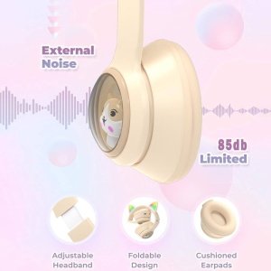 Casti wireless Bluetooth cu urechi de pisica LED, pliabile, pentru copii si adulti, crem - Img 5