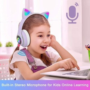 Căști wireless cu urechi de pisică și lumini LED, design ergonomic, mov - Img 3
