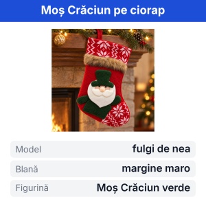 Ciorap decorativ de Crăciun, model Moș Crăciun verde, tricotat roșu cu fulgi de nea, 35x17cm - Img 2