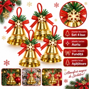 Clopoței decorativi de Crăciun, set 4 bucăți, plastic auriu, fundiță roșie, ambalaj 20 x 15 cm - Img 2