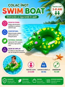 Colac gonflabil copii crocodil 72 cm pentru piscina si plaja, model vesel verde - Img 2