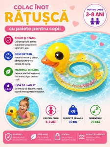 Colac gonflabil copii model ratusca, 70 cm, pentru piscina si mare, design vesel - Img 2