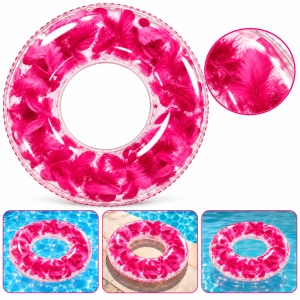 Colac Gonflabil Transparent cu Pene Fucsia, 80 cm – Plajă și Piscină